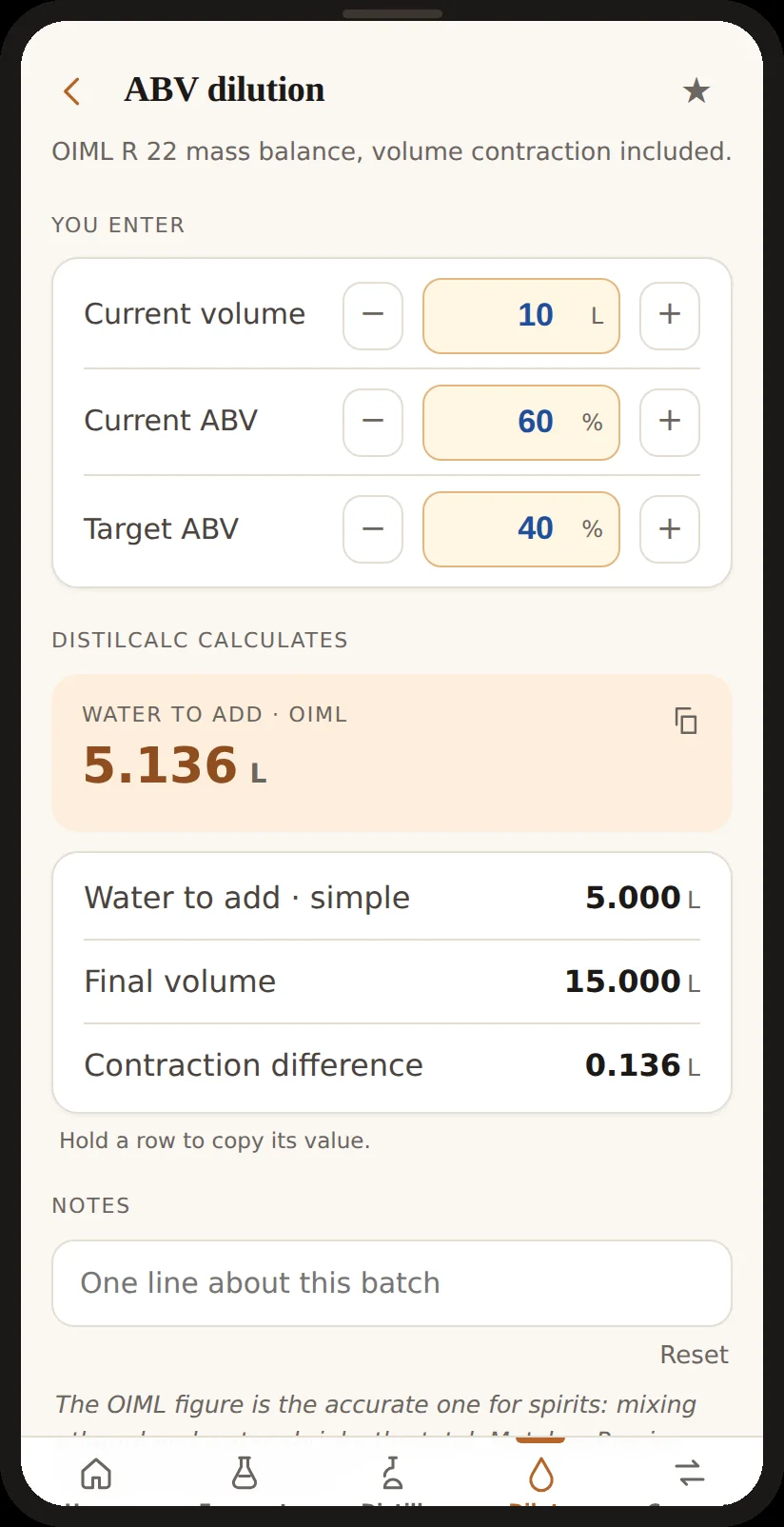 OIML dilution calculator running in DistilCalc Pocket