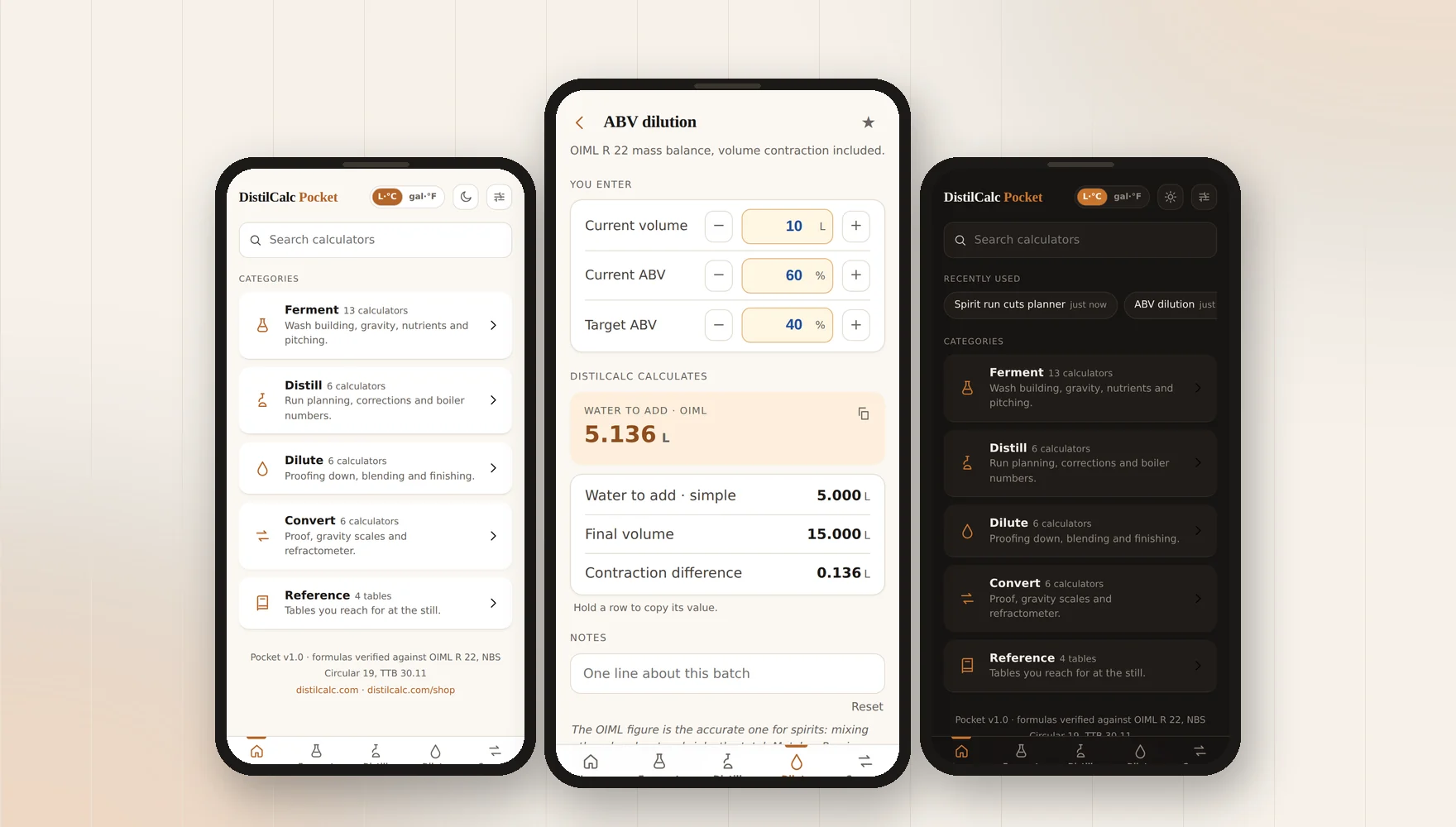 DistilCalc Pocket running on three phones: home screen, OIML dilution calculator and dark mode